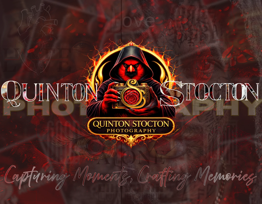 Brand Pack logo design for Quinton Stocton Photography featuring a fiery hooded figure holding a camera.