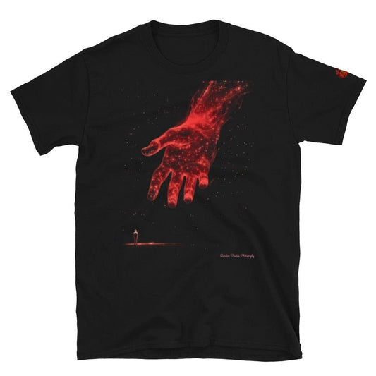 The Reach Cinematic Art T-Shirt by Quinton Stocton Photography: glowing red hand reaching toward a small figure.