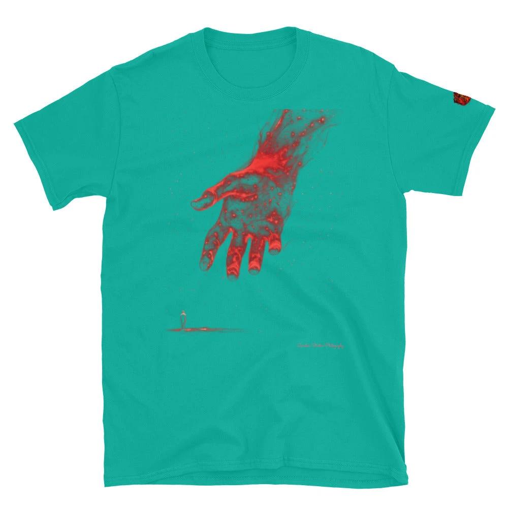 Teal The Reach Cinematic Art T-Shirt featuring a red luminous hand reaching toward a tiny figure on the ground.