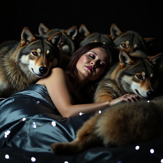 Woman lying down with wolves in a very creative boudoir scene