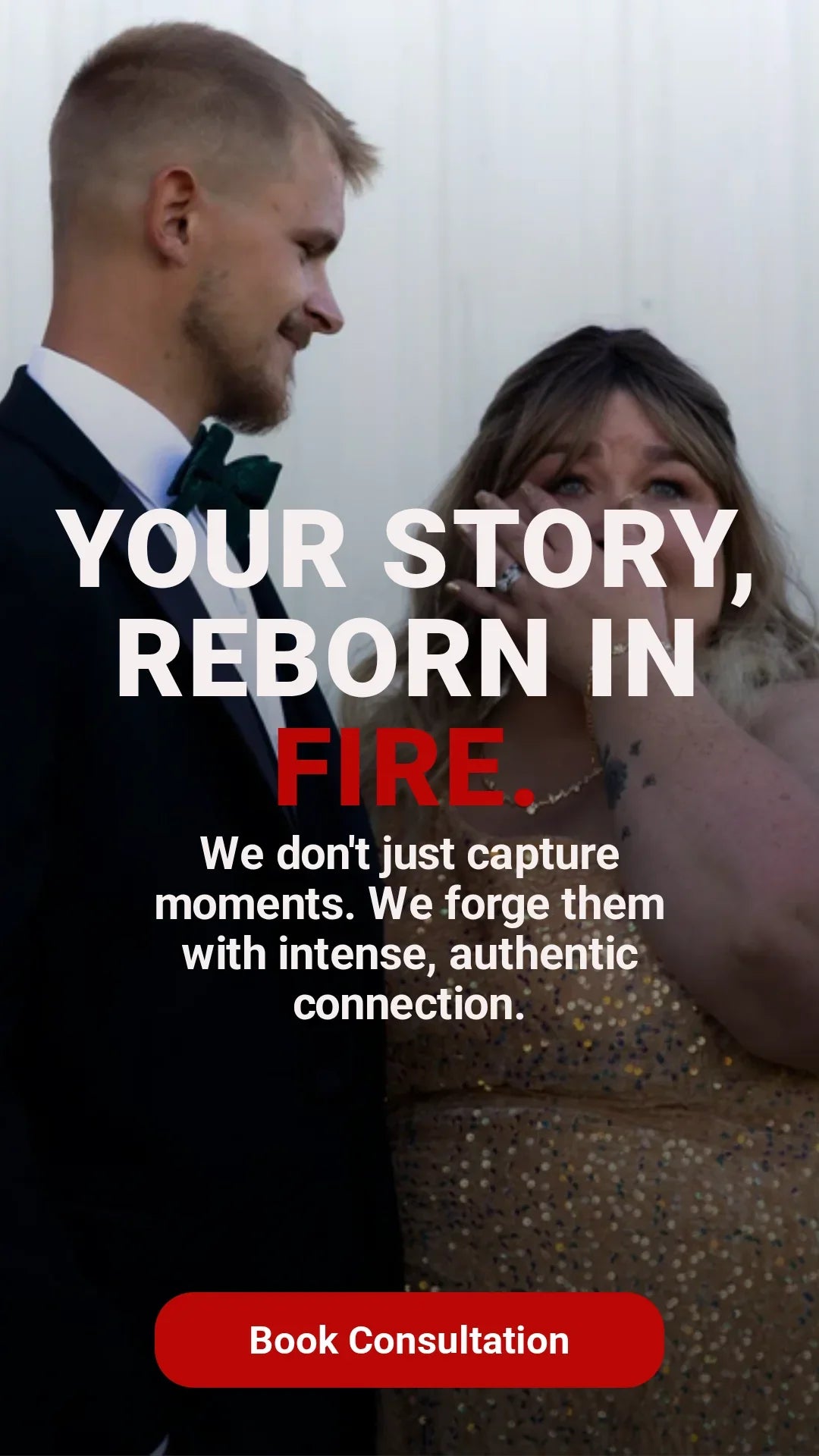 Smiling couple dressed formally, featuring Quinton Stocton Photography creative studio promo text.