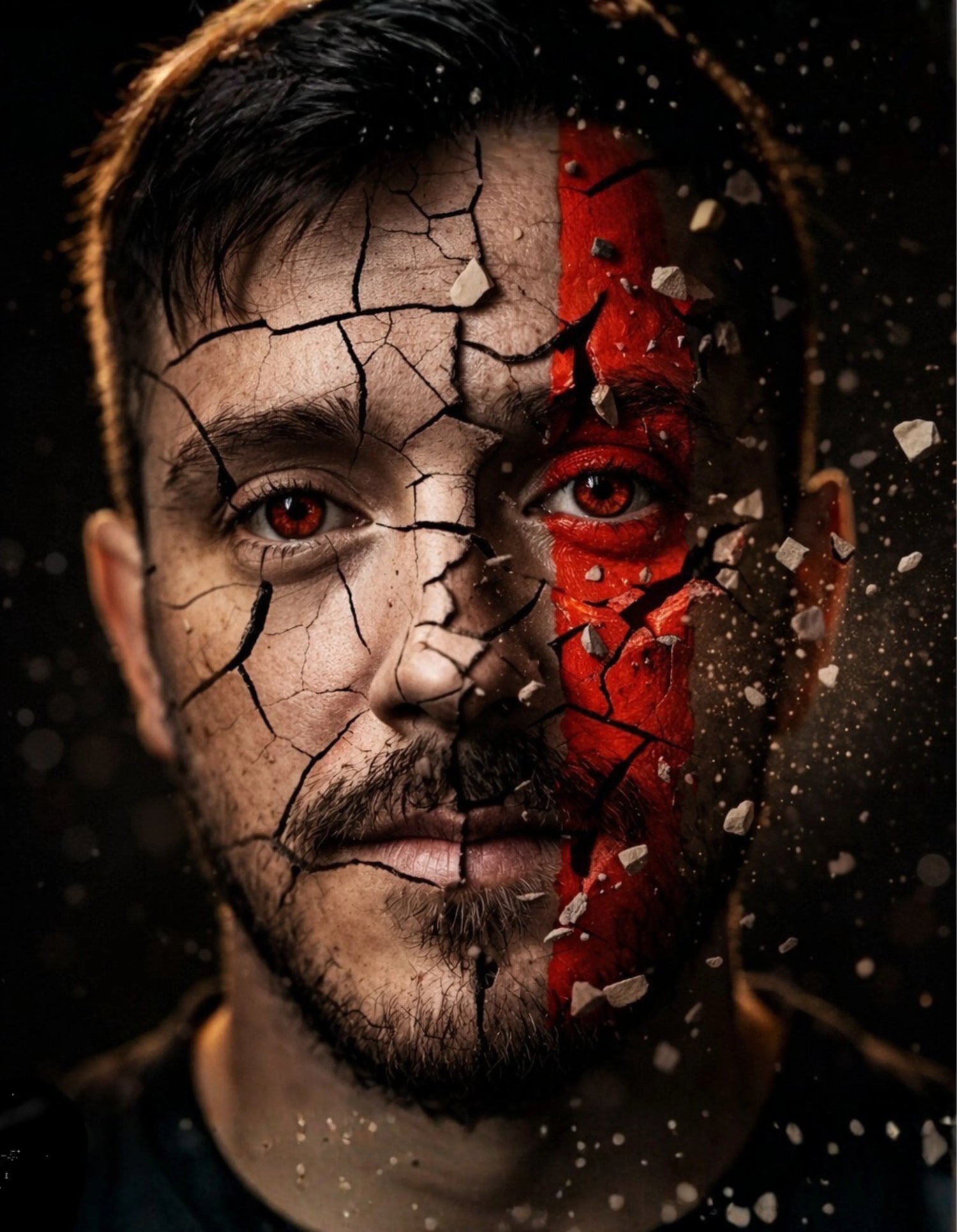 Creative portrait of a man with cracked face texture and vivid red paint, dramatic studio lighting