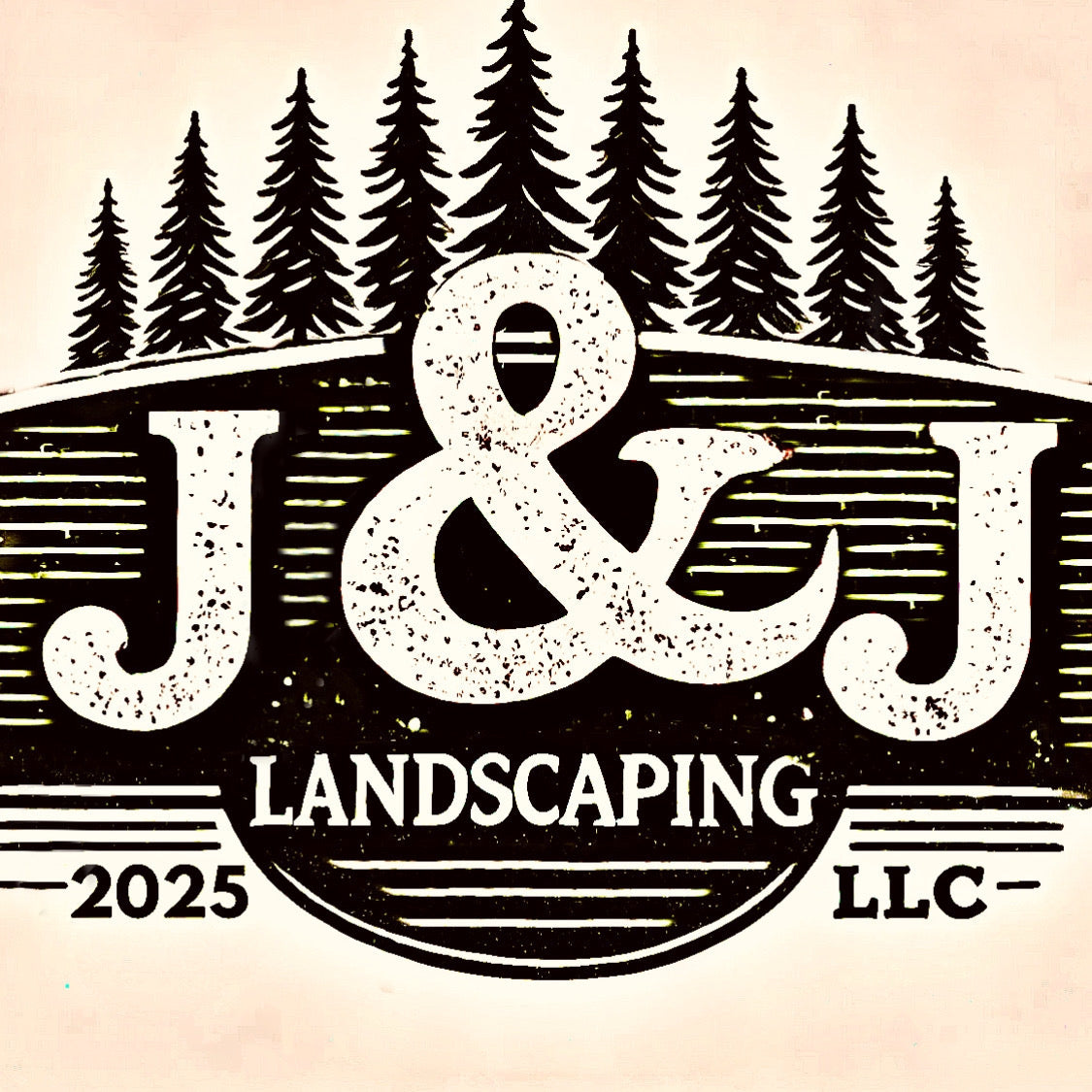 J&J Landscaping LLC logo design. Rustic brand emblem with forest trees. Branding & Logo Design. 2025, landscaping.