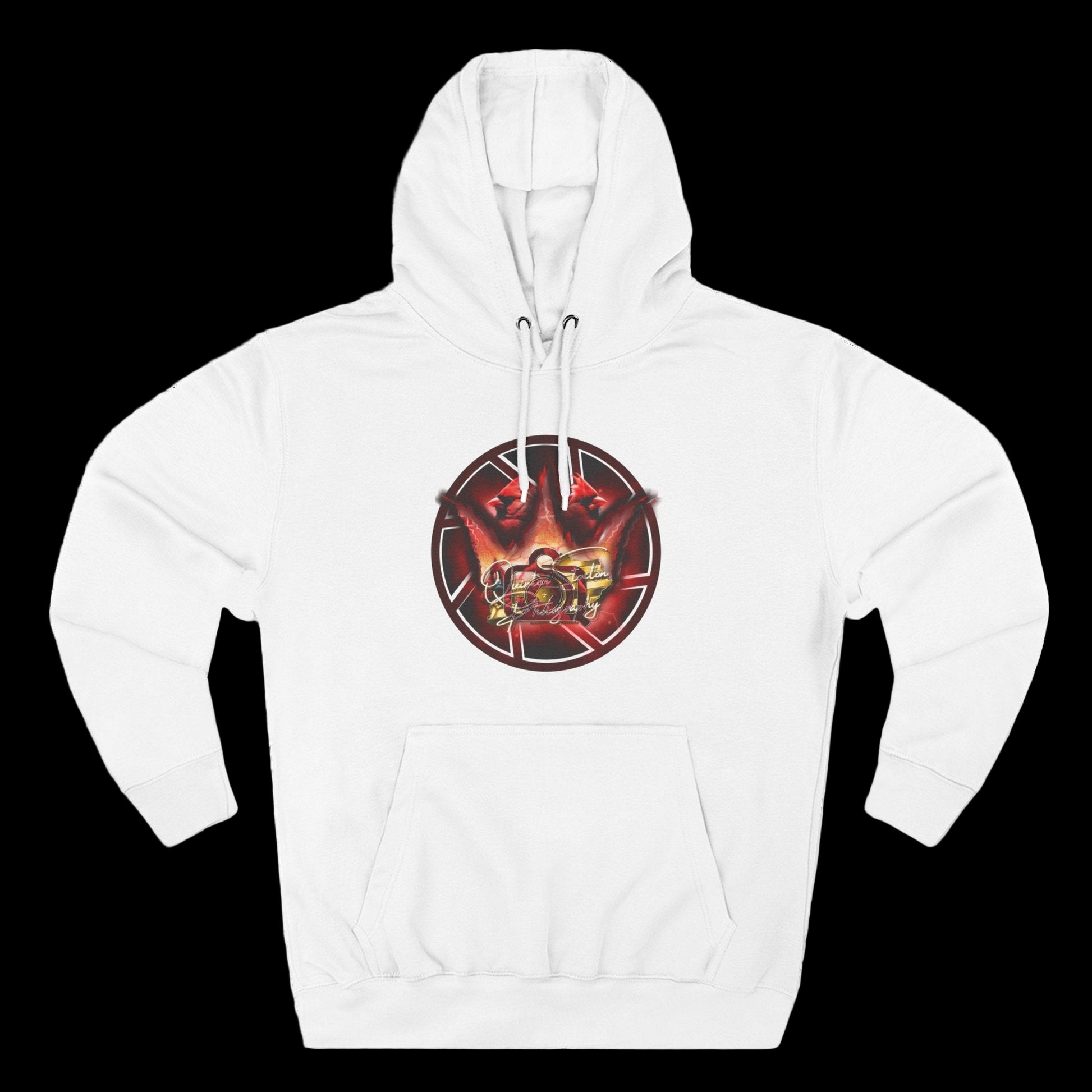 White hoodie with a red and black graphic design on a white background
