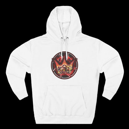 White hoodie with a red and black graphic design on a white background