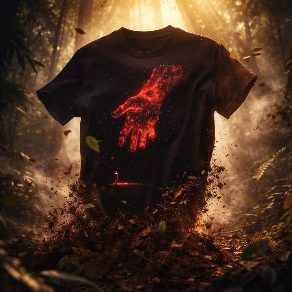 The Reach Cinematic Art T-Shirt by Quinton Stocton Photography: black tee with glowing red hand in a forest glow.