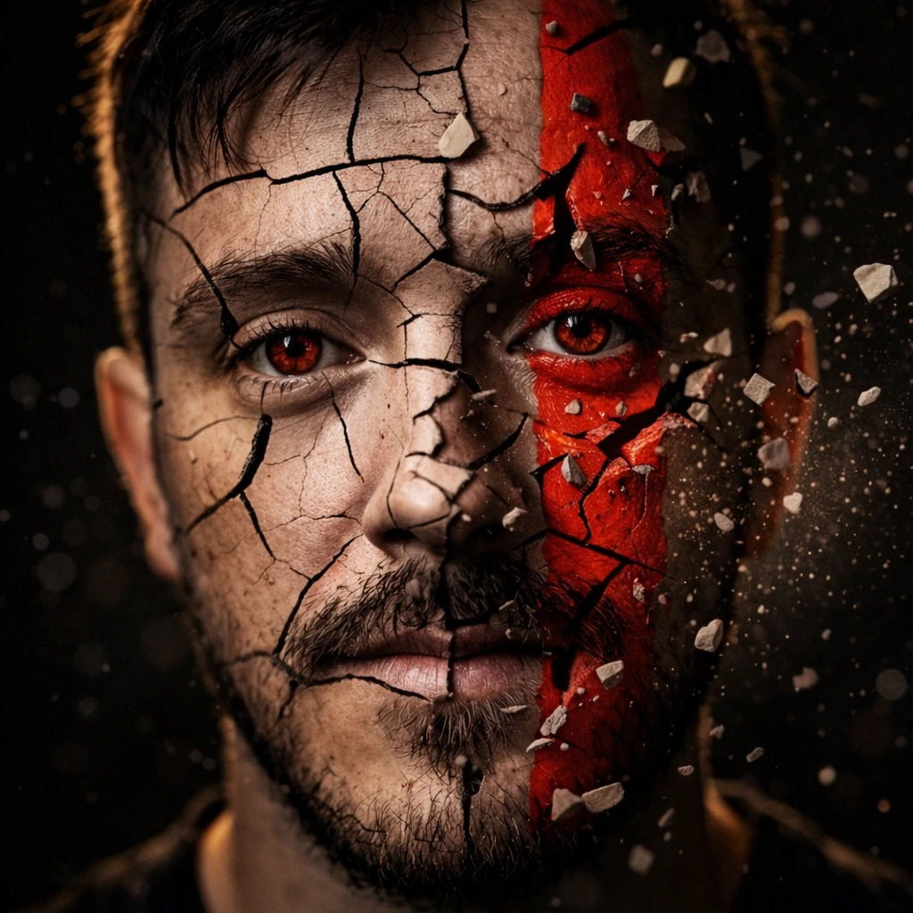 Quinton Stocton Photography portrait: man with cracked pale half and red-painted half, intense red eye.