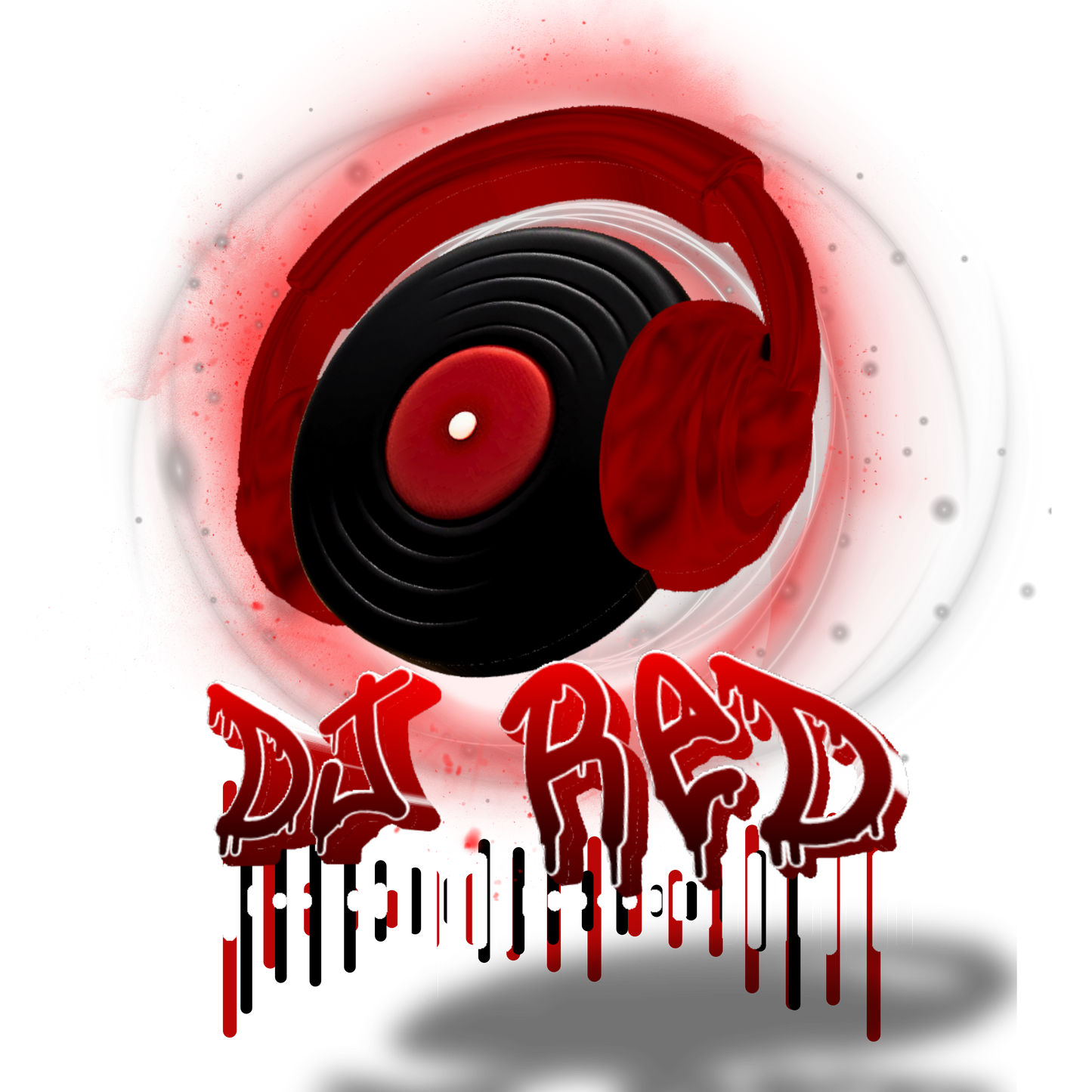 DJ Red logo design. Unique branding artwork featuring headphones, a vinyl record, and visual equalizer graphic.