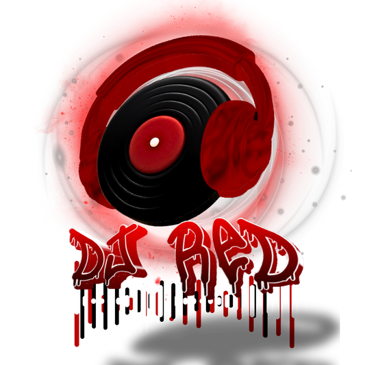DJ Red logo design. Unique branding artwork featuring headphones, a vinyl record, and visual equalizer graphic.