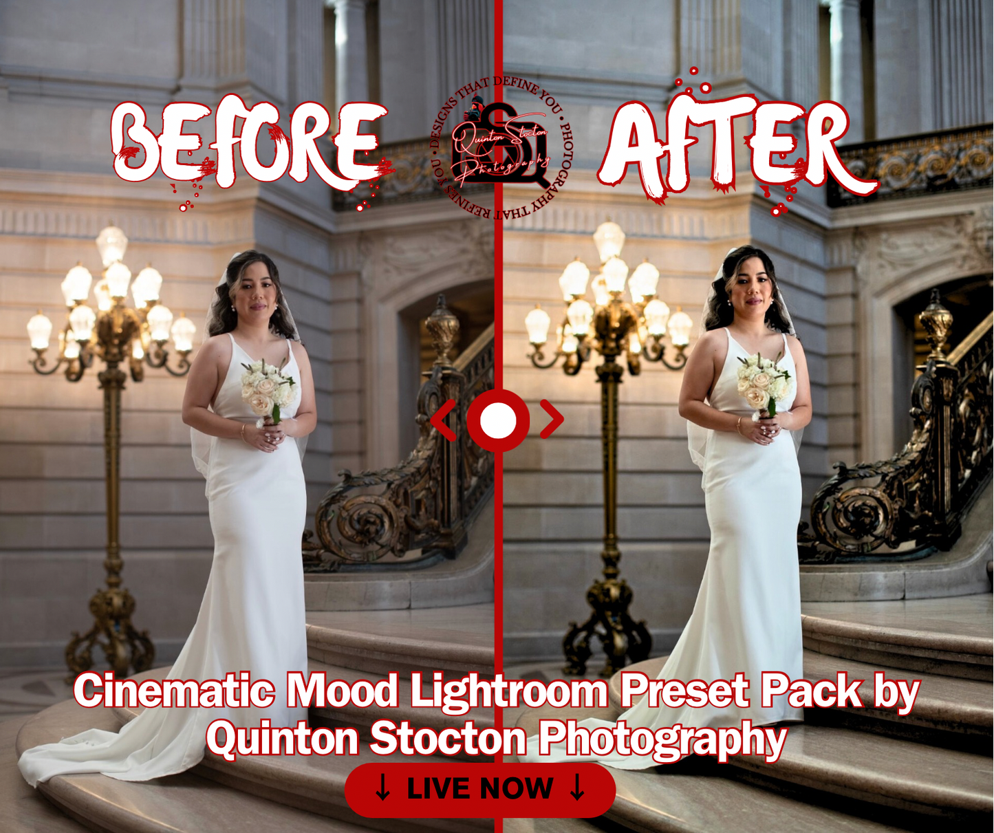 Before and after comparison of a woman in a white dress in an elegant interior setting with Cinematic Mood Lightroom Preset Pack by Quinton Stocton Photography text.