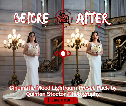 Before and after comparison of a woman in a white dress in an elegant interior setting with Cinematic Mood Lightroom Preset Pack by Quinton Stocton Photography text.