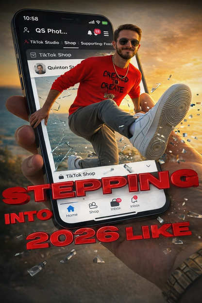 Person wearing a red shirt with text on it, sitting on a chair, with a phone displaying TikTok app interface.