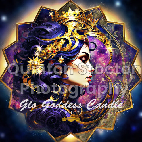 Logo design showcasing a celestial goddess with moon and stars, representing Glo Goddess Candle Company branding.