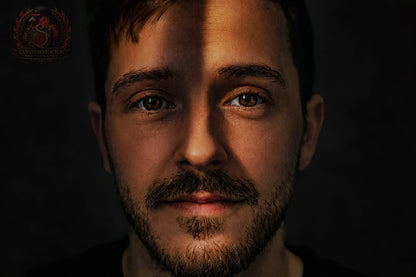 Portrait of a man with dramatic shadow across face, creative studio photography, Quinton Stocton Photography
