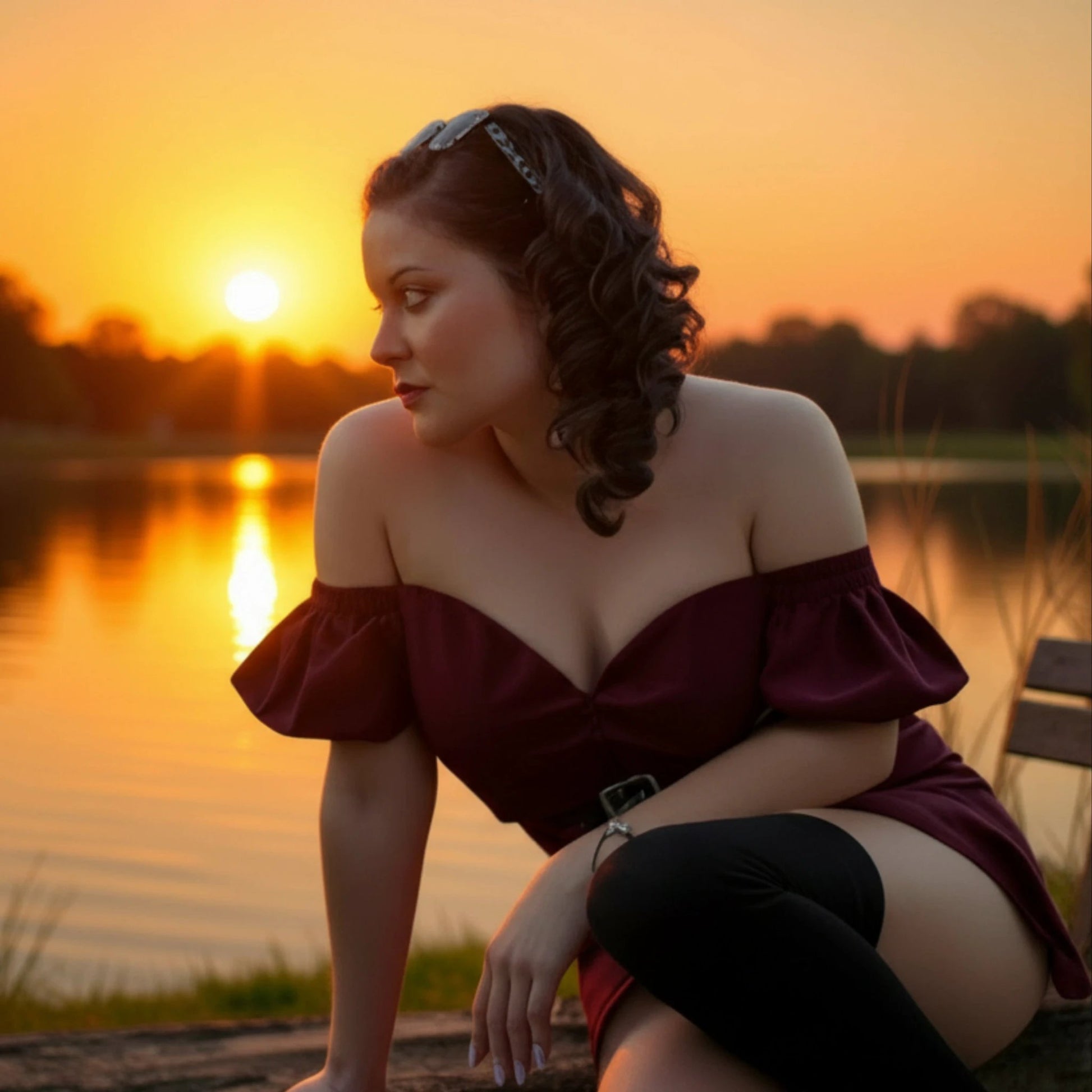 Woman sitting by a lake at sunset  in kentucky with a blurred signature overlay