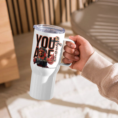 You Are Enough affirmation insulated mug by Quinton Stocton Photography, white stainless steel with spillproof lid.