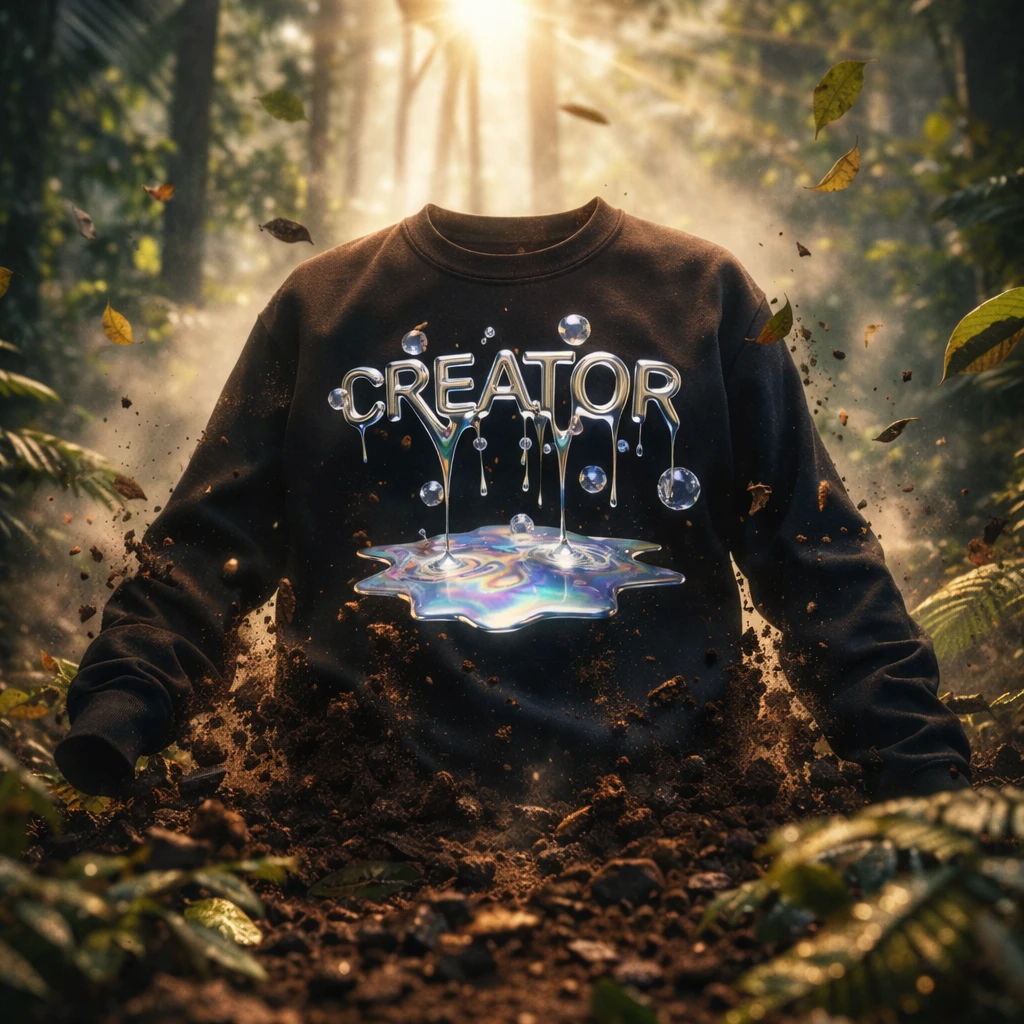 Creator Mind Cinematic Long Sleeve black sweatshirt with dripping CREATOR logo and puddle graphic in a forest.