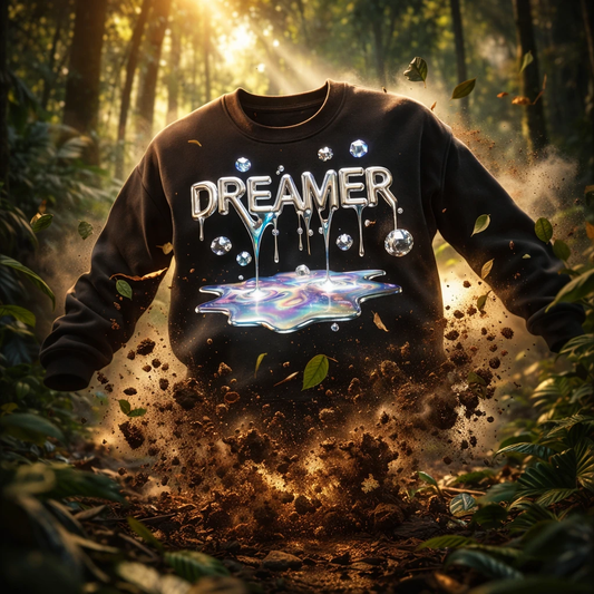 Dreamer Mind long sleeve black sweatshirt with dripping DREAMER and iridescent splash in a forest