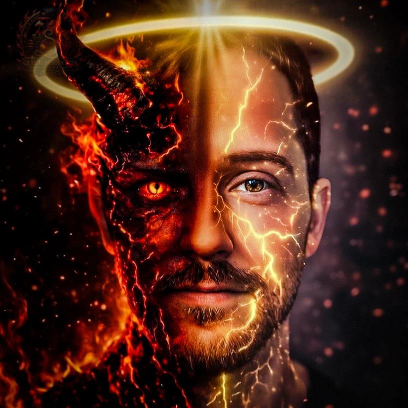 Portrait of a man with half fiery demon skin, glowing eye, molten cracks, and halo.