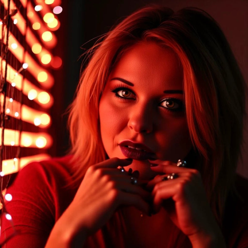 Portrait of a woman in red lighting with fairy lights for Quinton Stocton Photography Portrait Services Package