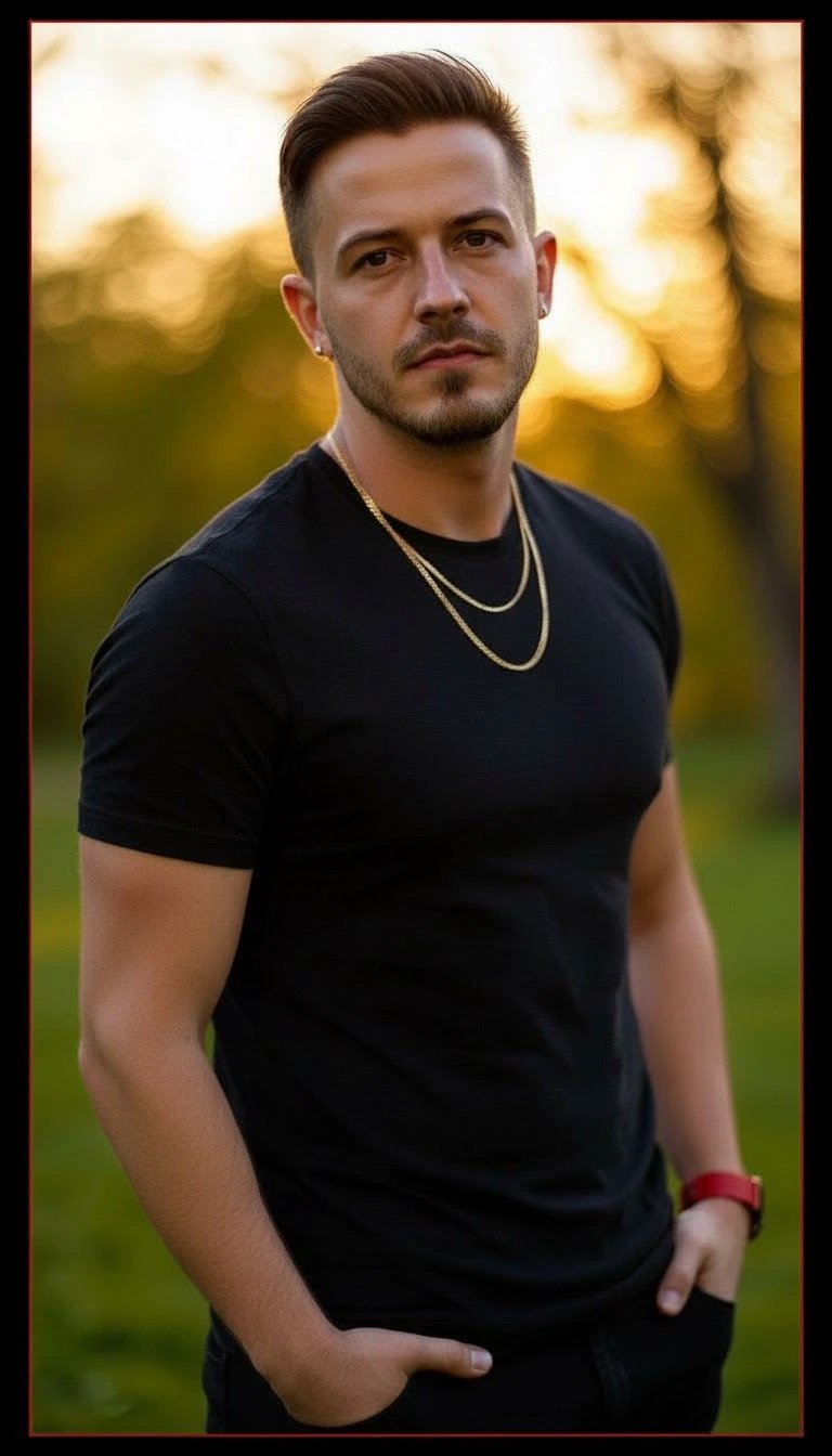 Portrait of a man in a black tee with gold chains outdoors at golden hour for Quinton Stocton Photography Kentucky