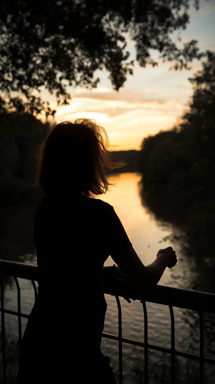 Silhouette of a person leaning on a railing at sunset over a river, portrait session by Quinton Stocton Photography.