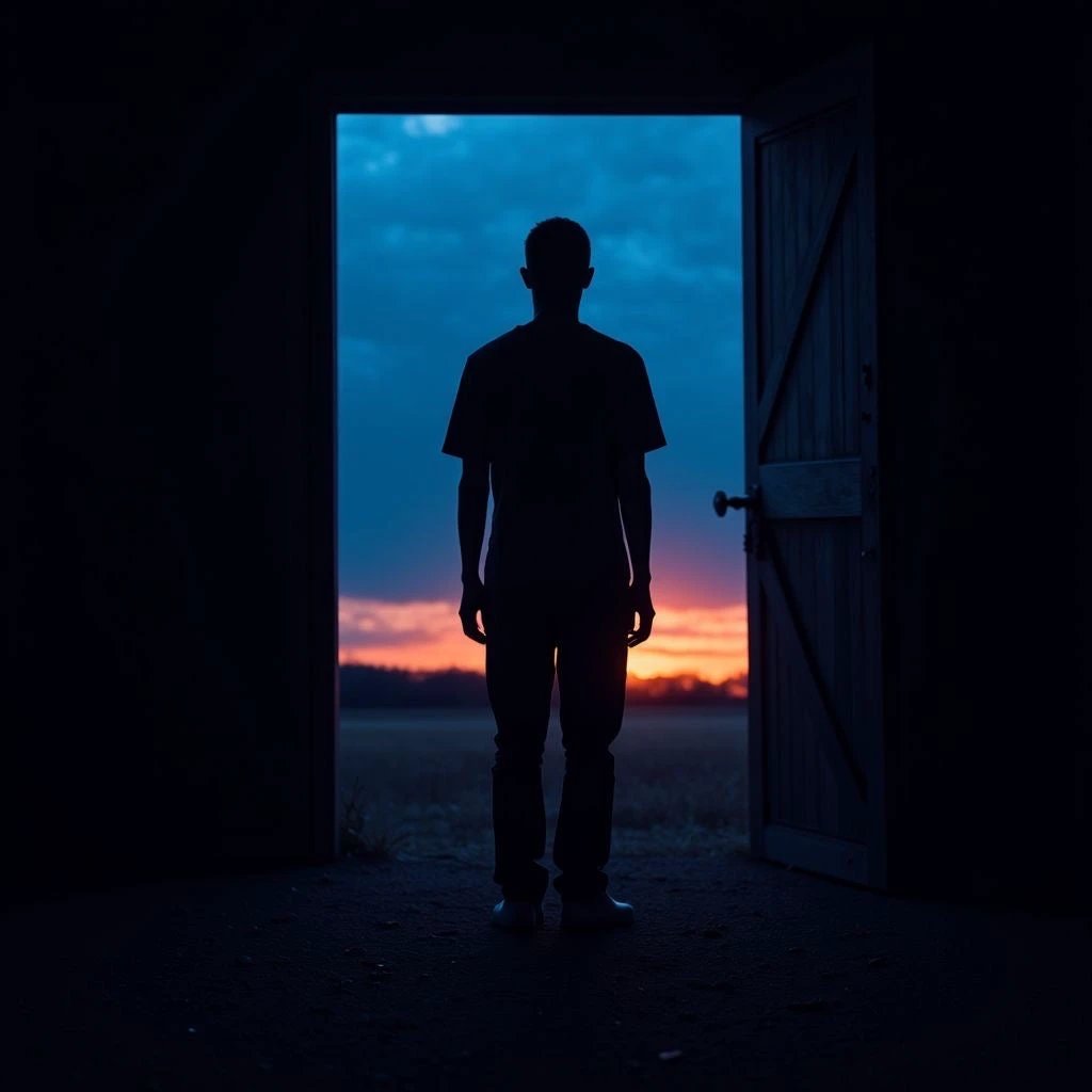 Silhouette of a person in a dark doorway at sunset, blue sky blending into orange horizon over a field.