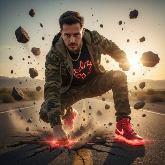 Quinton Stocton Photography portrait session: man in camo crouches on road, neon logo shirt and glowing sneakers.