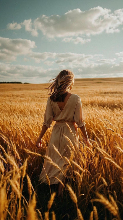 Back view of a woman in a light beige dress in a golden wheat field for Quinton Stocton Photography portrait