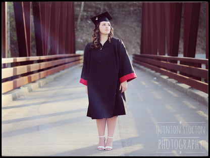 Event photography: Graduate in cap and gown on a bridge, celebrating a milestone. Professional photography services