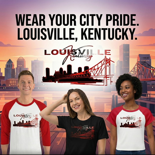 Three people wearing Louisville-themed t-shirts with a cityscape background.