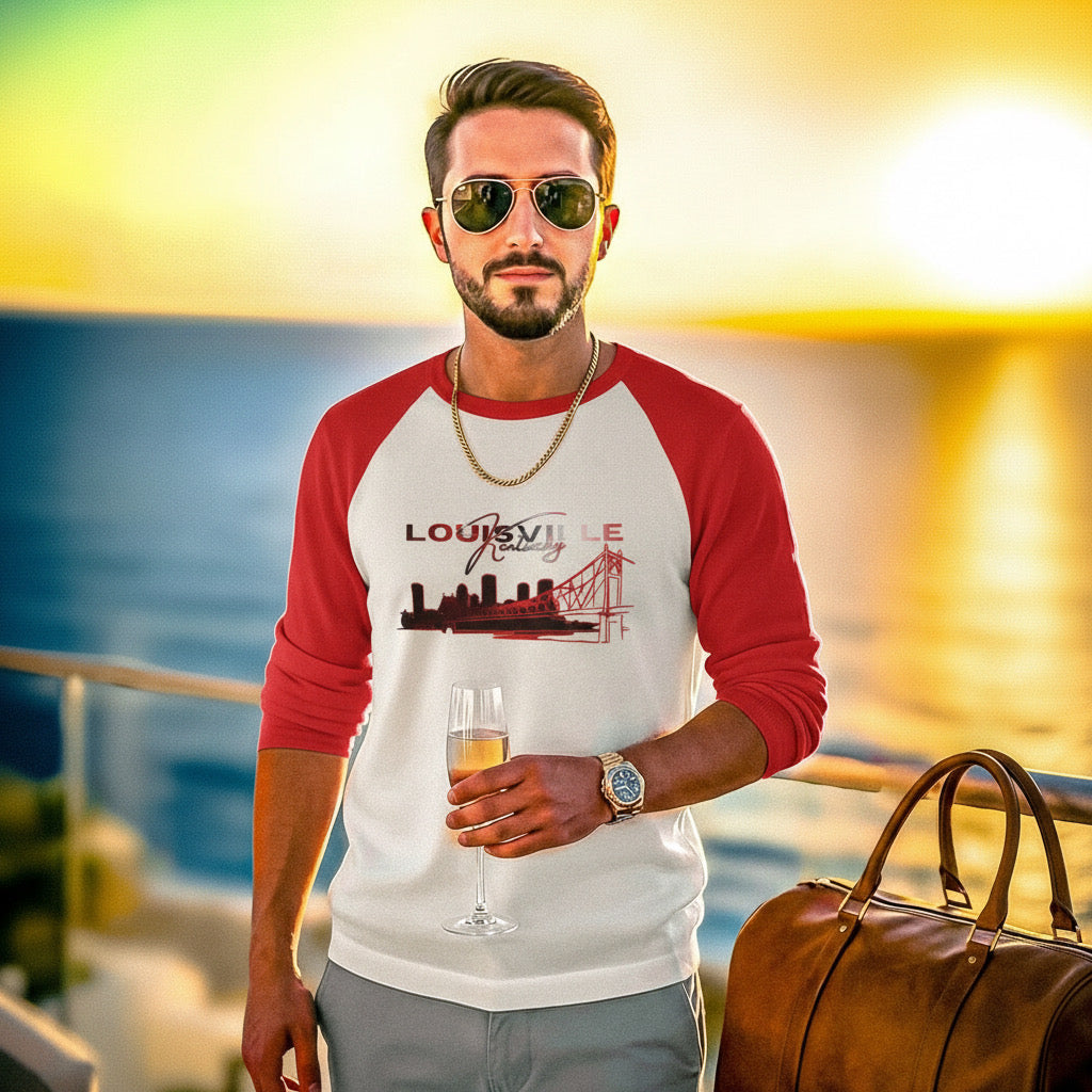 Man wearing a red and white shirt with 'Louisville' design, holding a drink, standing by a waterfront.