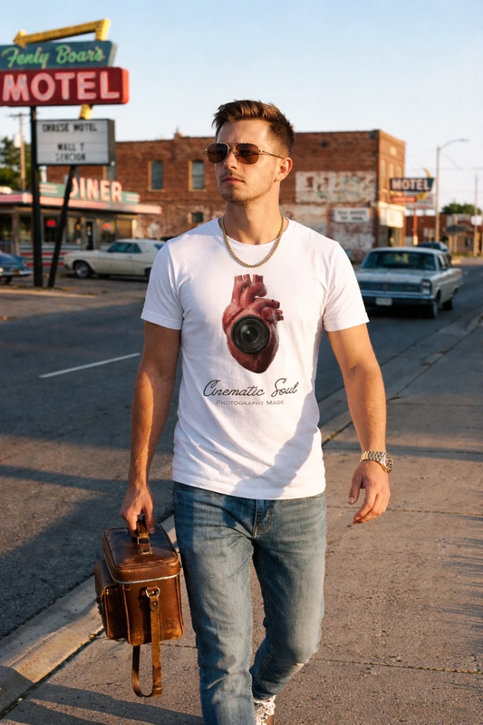 Man walking on a street with vintage cars and signs in the background, wearing a white t-shirt with a graphic design.