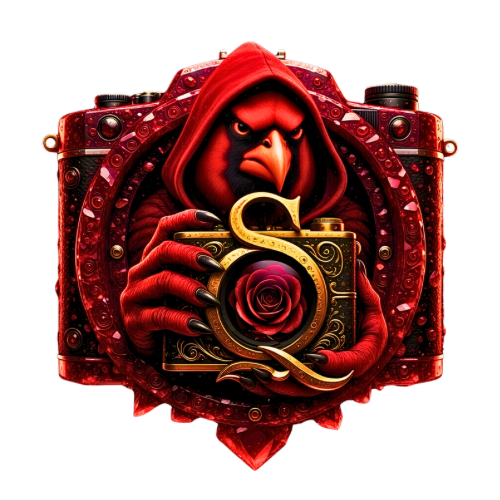 Decorative camera with a red hooded figure holding a rose and 'QS' logo on a white background