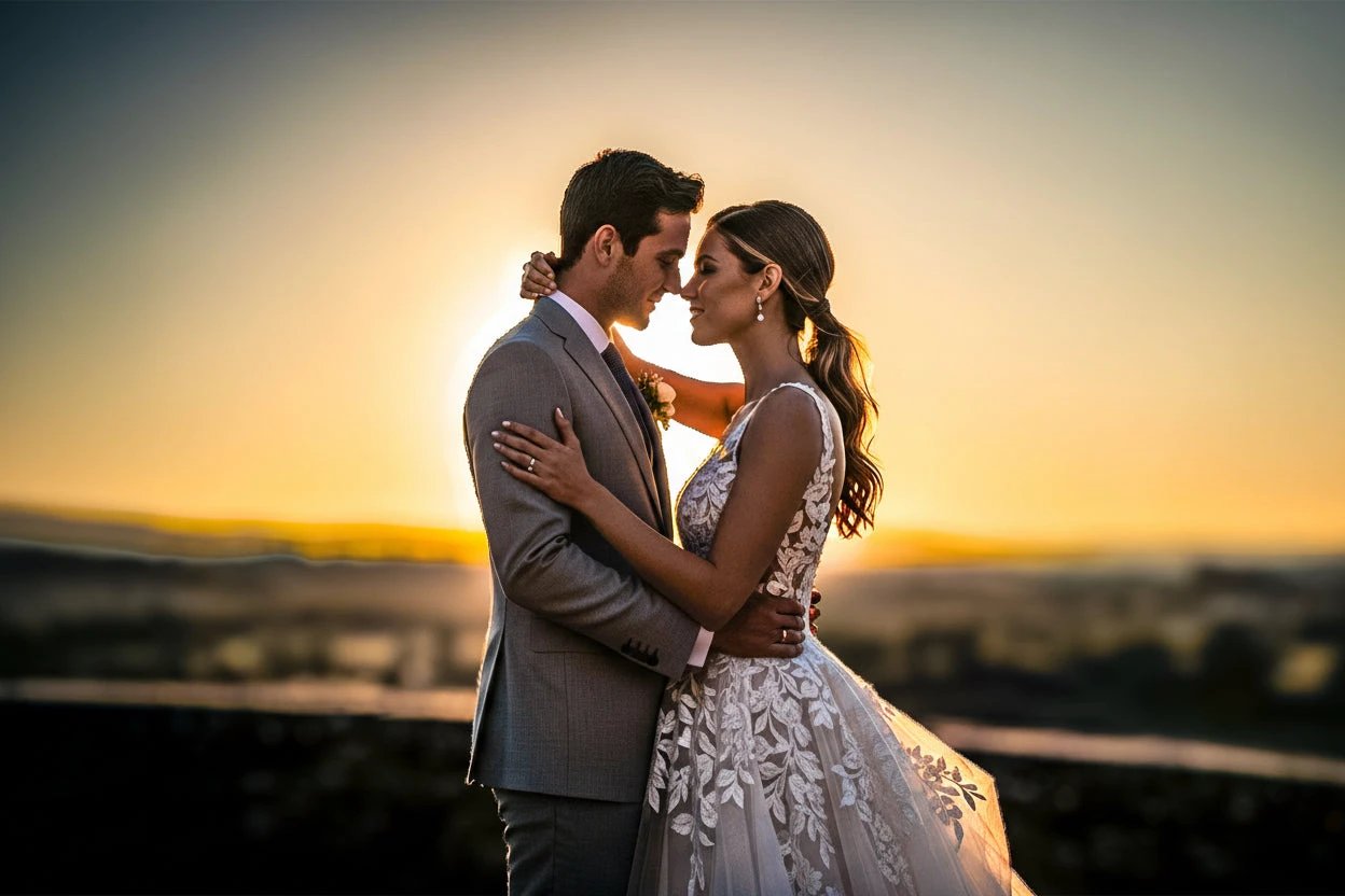 Bride and groom embrace at sunset in Kentucky; cinematic wedding photography by Quinton Stocton.