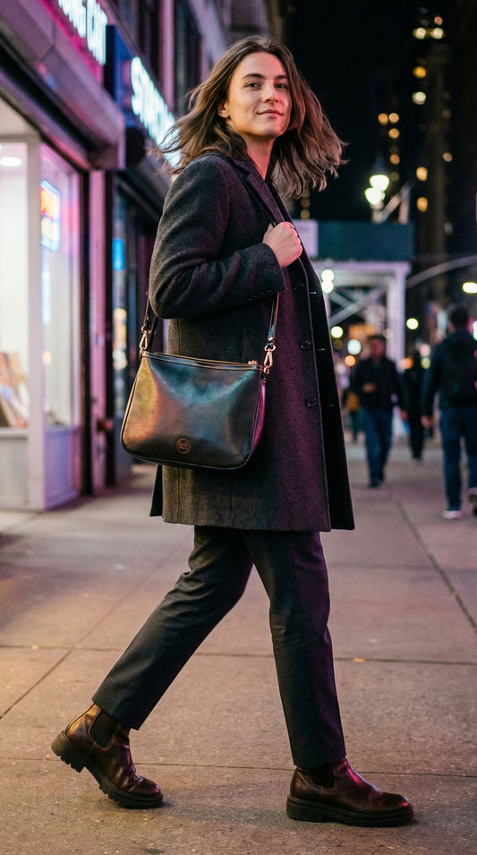 Woman walking on a city street at night with illuminated signs in the background