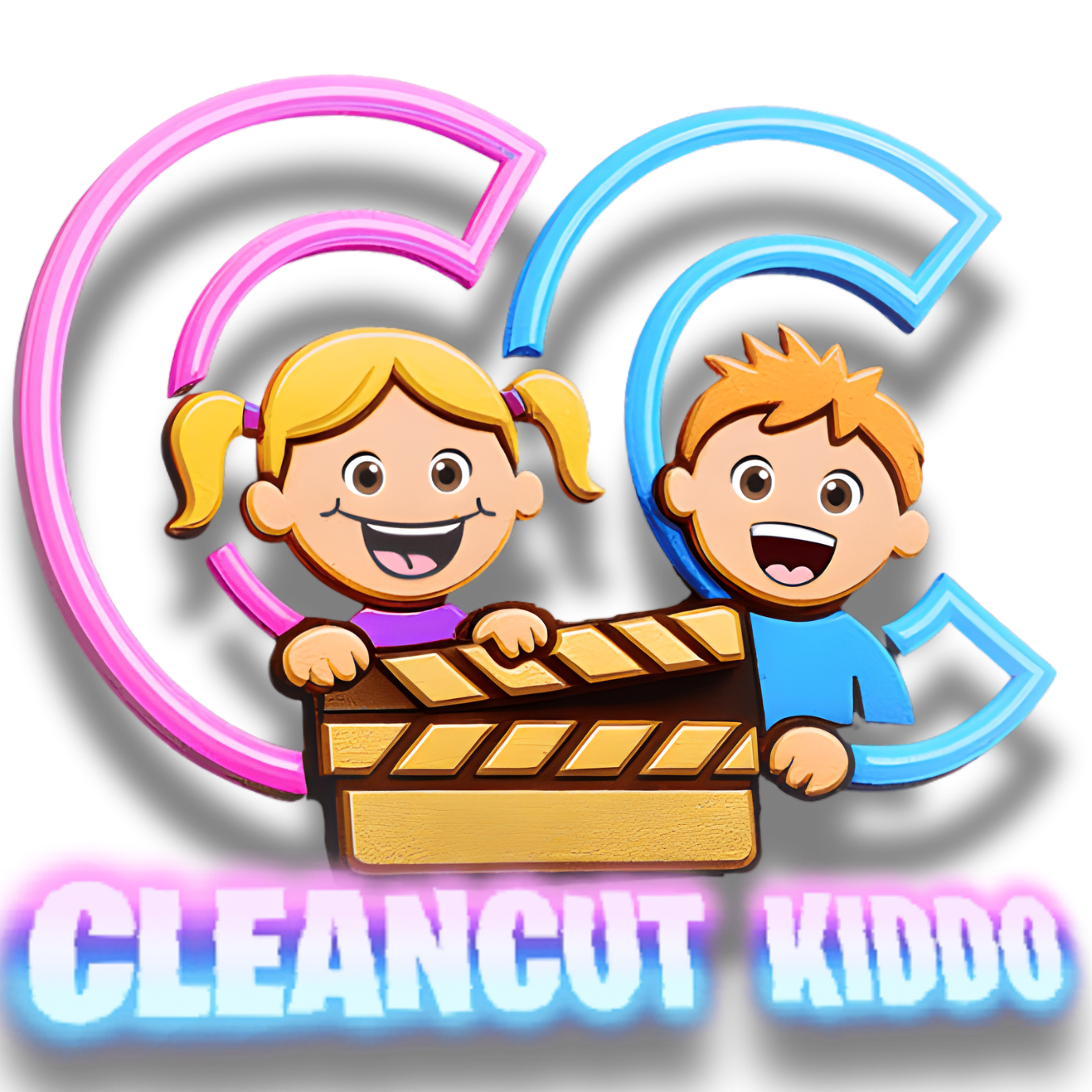 Playful logo design for kids' brand "CleanCut Kiddo," featuring cartoon children and a film slate. Ideal branding for