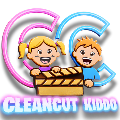 Playful logo design for kids' brand "CleanCut Kiddo," featuring cartoon children and a film slate. Ideal branding for