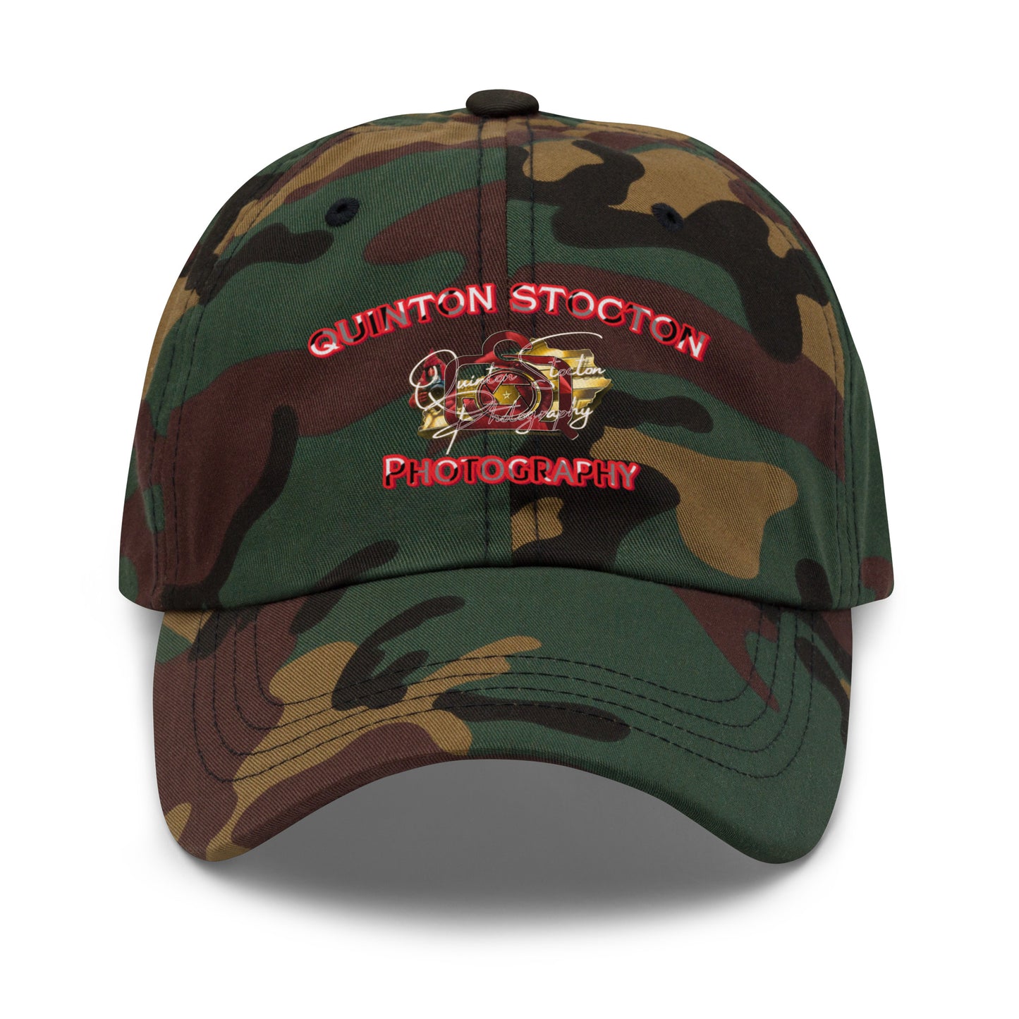 Camouflage cap with 'Quinton Stocton Photography' logo on a white background