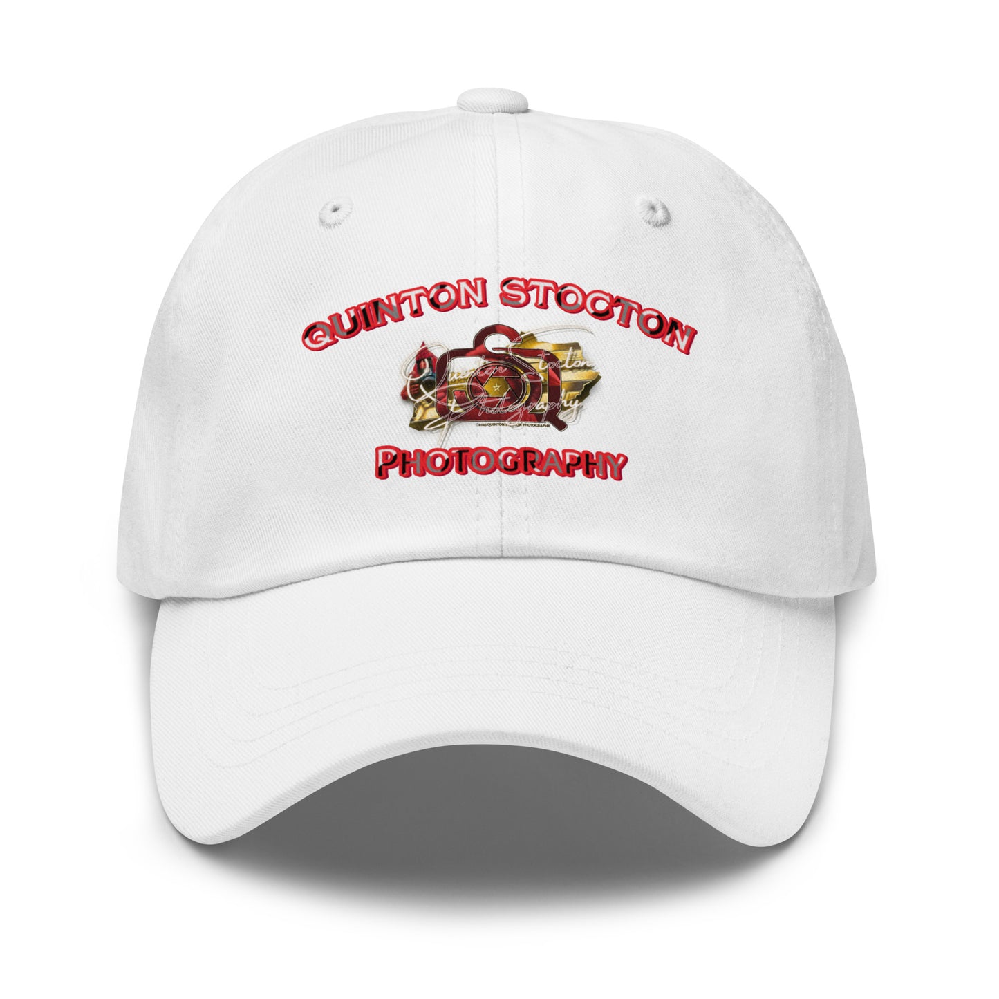 White cap with Quinton Stocton Photography logo on a white background