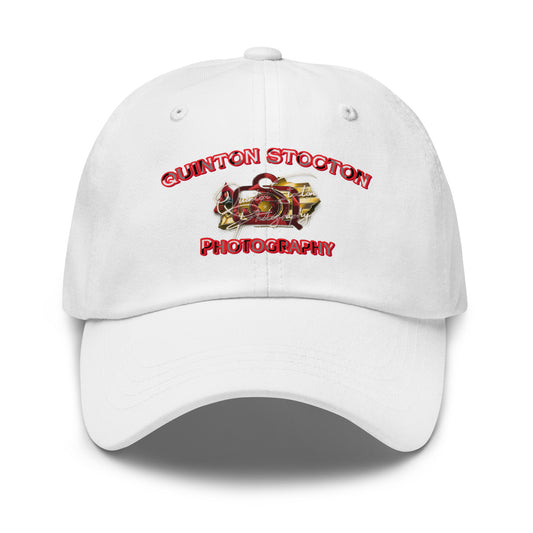 White cap with Quinton Stocton Photography logo on a white background