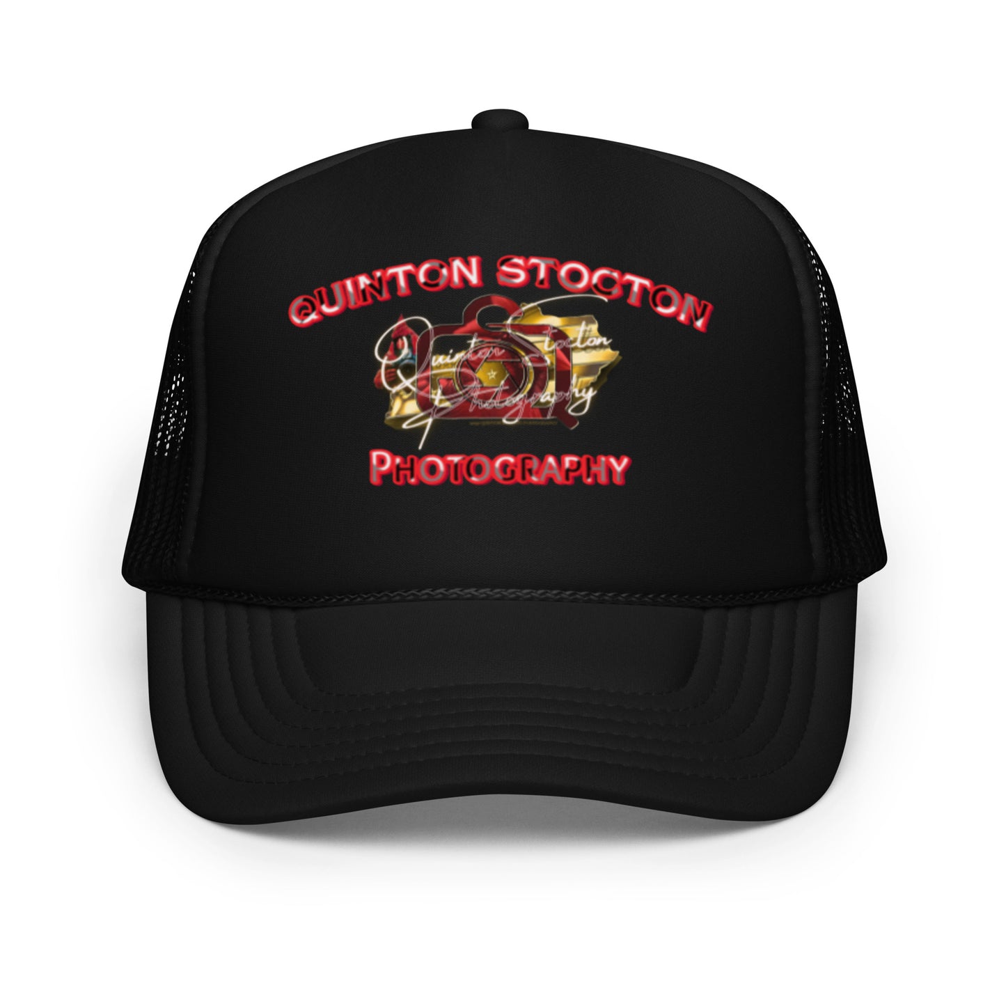 Black trucker hat with 'Quinton Stockton Photography' logo on a white background