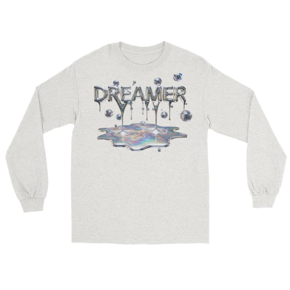 Dreamer Mind Cinematic Long Sleeve by Quinton Stocton Photography with dripping DREAMER text over an iridescent puddle.