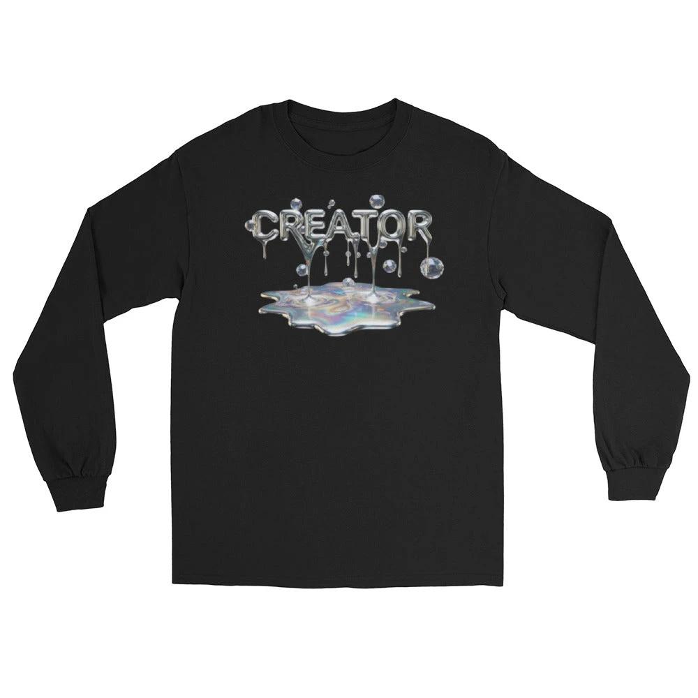 Creator Mind Cinematic Long Sleeve: black shirt with metallic 'CREATOR MIND' dripping lettering over holographic puddle
