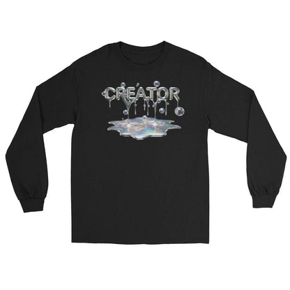 Creator Mind Cinematic Long Sleeve: black shirt with metallic 'CREATOR MIND' dripping lettering over holographic puddle