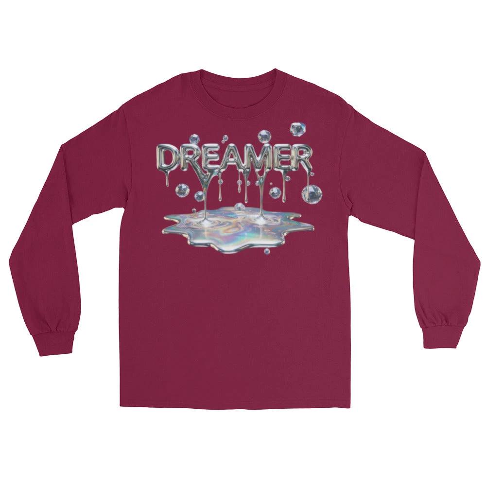 Dreamer Mind Cinematic Long Sleeve shirt in maroon with dripping metallic 'DREAMER' logo over a reflective puddle.