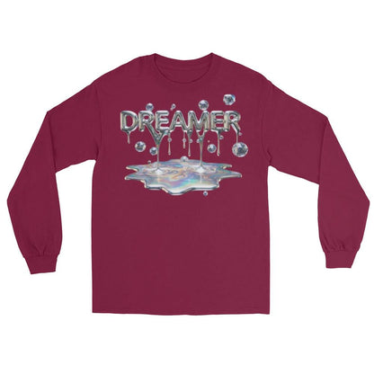Dreamer Mind Cinematic Long Sleeve shirt in maroon with dripping metallic 'DREAMER' logo over a reflective puddle.