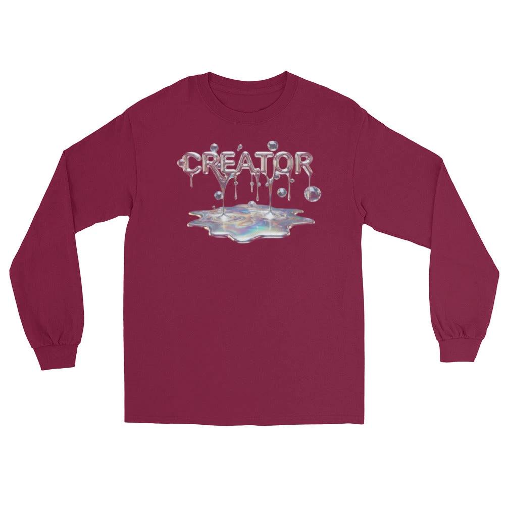 Burgundy Cinematic Long Sleeve with 'CREATOR MIND' dripping typography and iridescent puddle graphic.