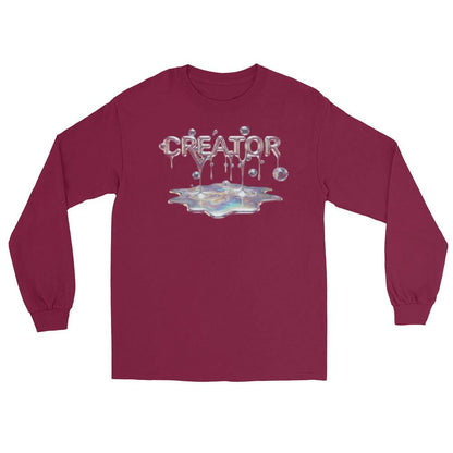 Burgundy Cinematic Long Sleeve with 'CREATOR MIND' dripping typography and iridescent puddle graphic.