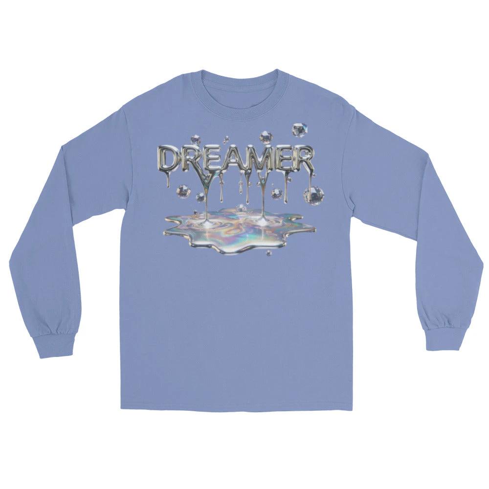 Dreamer Mind Cinematic Long Sleeve shirt with dripping metallic DREAMER letters over an iridescent puddle.